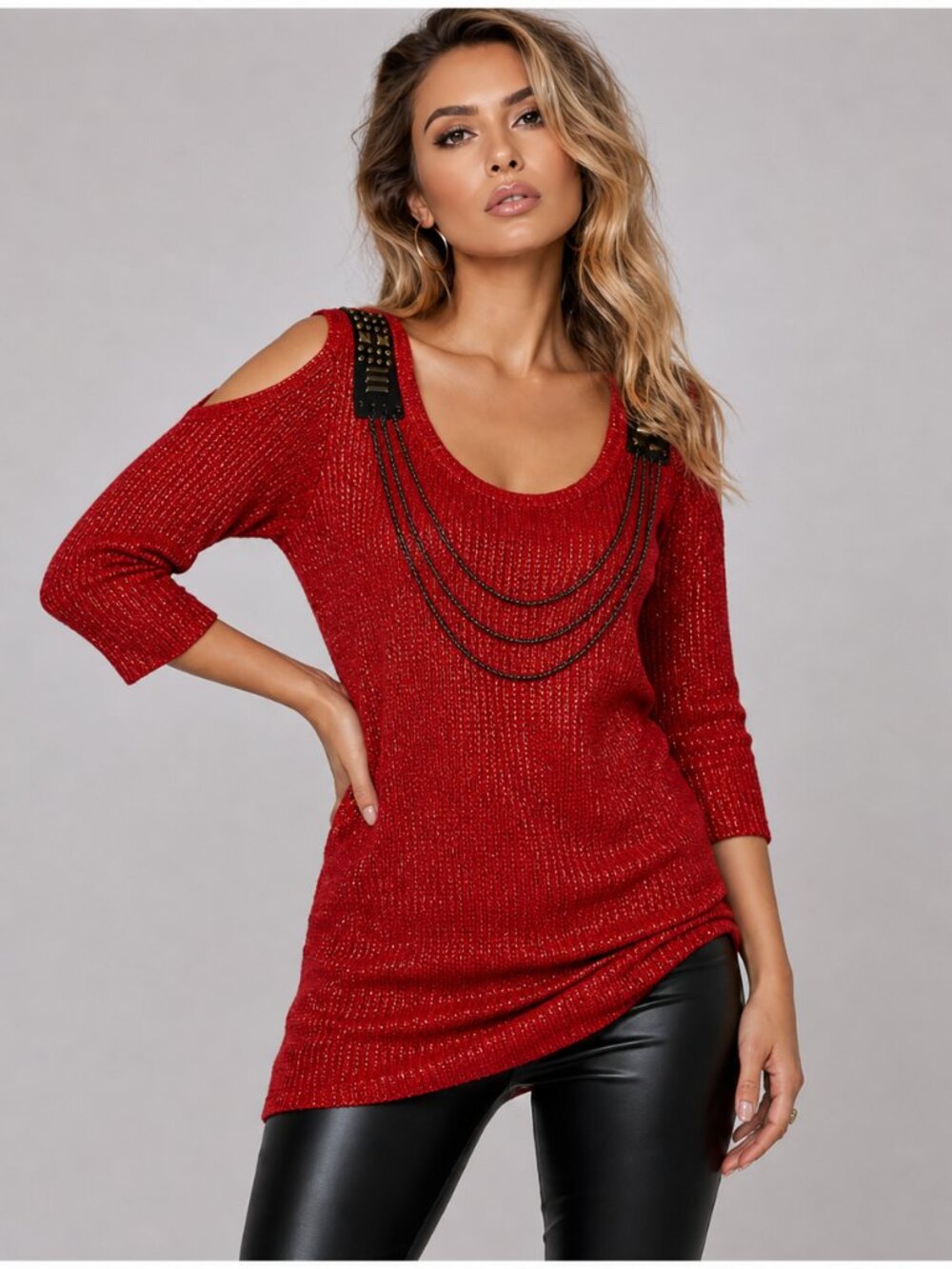 Y2K Voice Red Metallic Knit Tunic Cold Shoulder Studded Chain Detail Size M